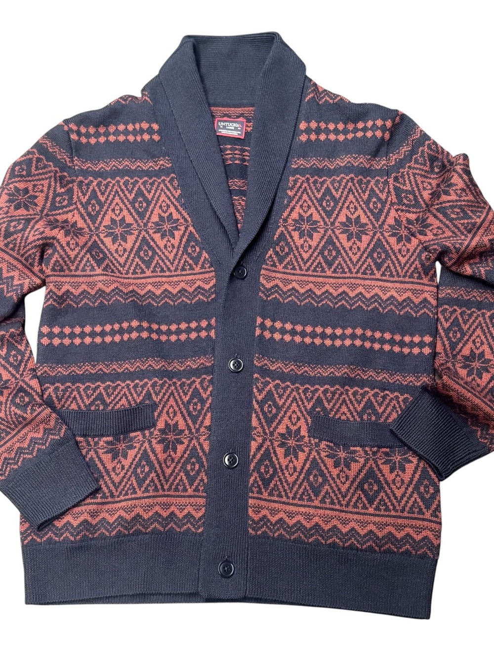 UNTUCKit Navy and Rust Patterned Shawl-Collar cardigan Yandoli Merino Wool Nordi